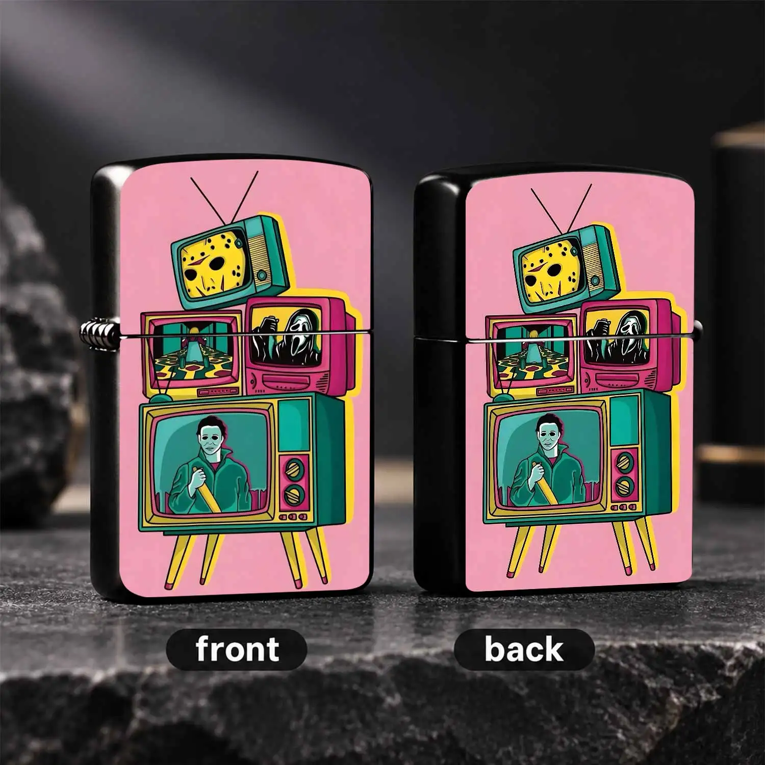 Retro Horror Movie Themed Lighter, Vintage Stacked Crt Tv Fun Print Design, Stylish Atmospheric Portable Accessory, Perfect For Daily Use Indoor Outdoor Scenarios, Unique Exquisite Gift For Slasher Film Enthusiasts And Friends Interesting A
