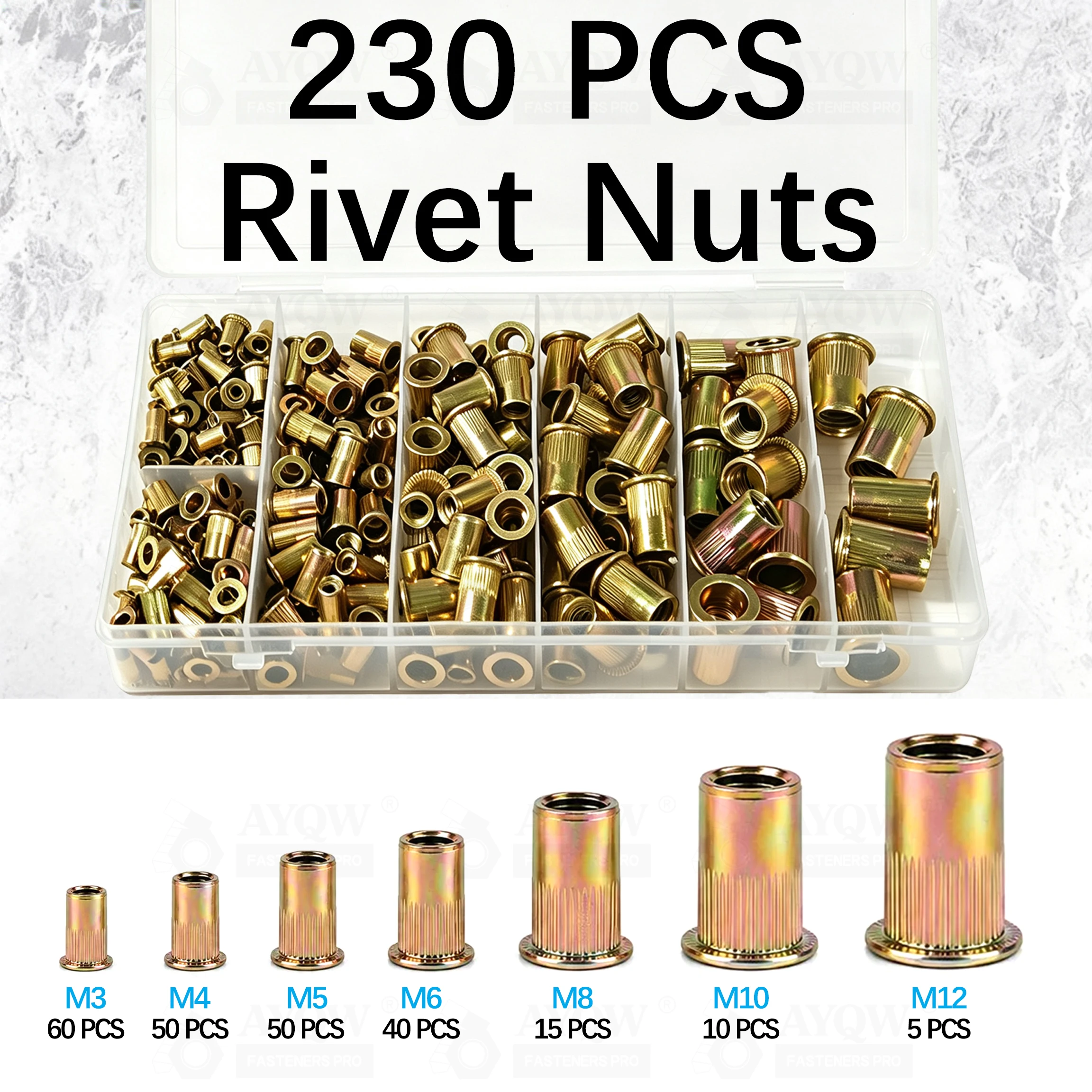 230pcs Boxed Flat Head Vertical Stripe Cap Nut Pop Rivet -Plated M3-M10 Combination Set