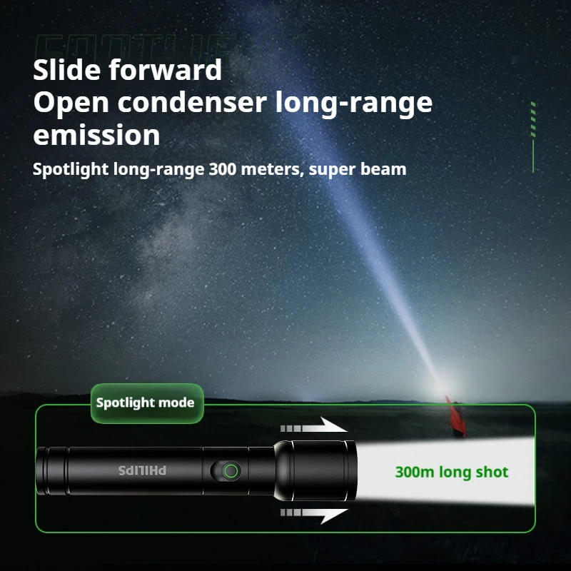 Philips-Lanterna com zoom telescópico, lâmpada LED recarregável portátil, 4 modos de iluminação, impermeável, autodefesa ao ar livre