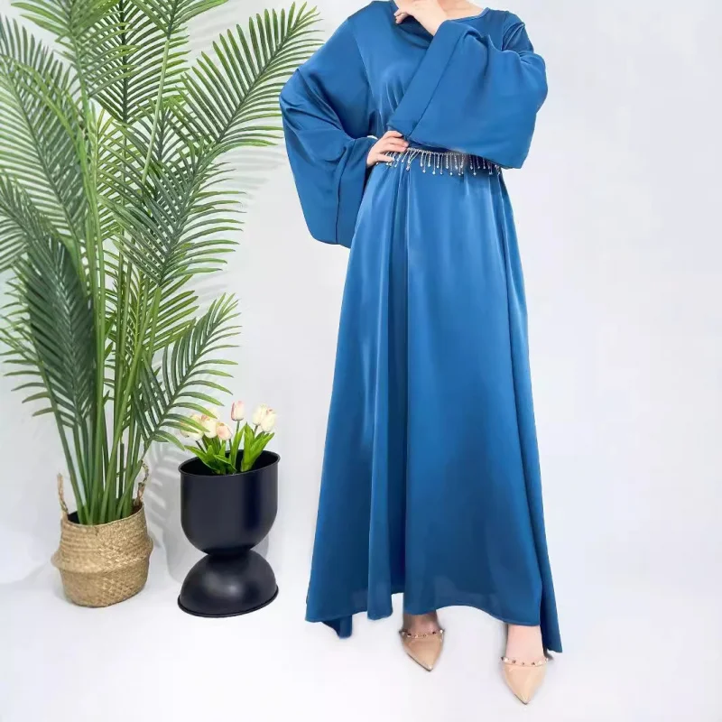 라인스톤 벨트 여성용 새틴 드레스 우아하고 고귀한 중동 말레이 로브 아바야 플러스 사이즈
