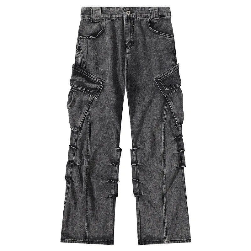 Men's Fashion Oversized Hip Hop Cargo Jeans Pants With Pockets Washed Vintage Denim Trousers Loose Fit Y2K Vibe Style Jeans