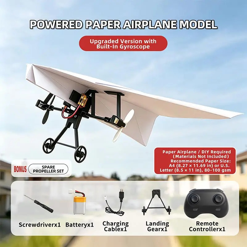 Rc Paper Airplane Kit with Gyro Stabilizer DIY Electric Remote Control Plane Dual Propeller Lightweight Foldable Flying Stem Toy