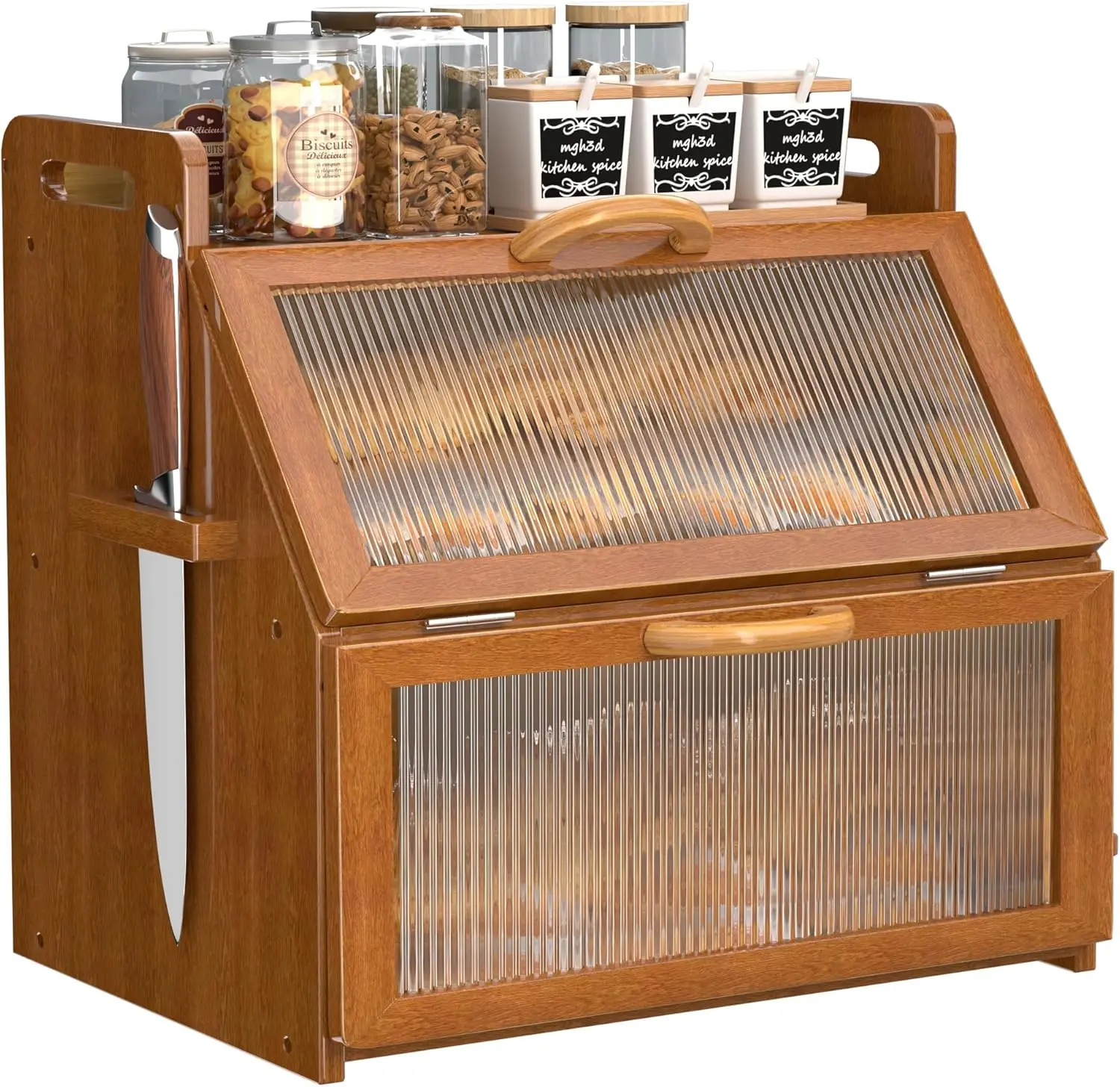 

Large Vintage Wooden Bread Box with Acrylic Window, Double Layer Storage for Kitchen Countertop