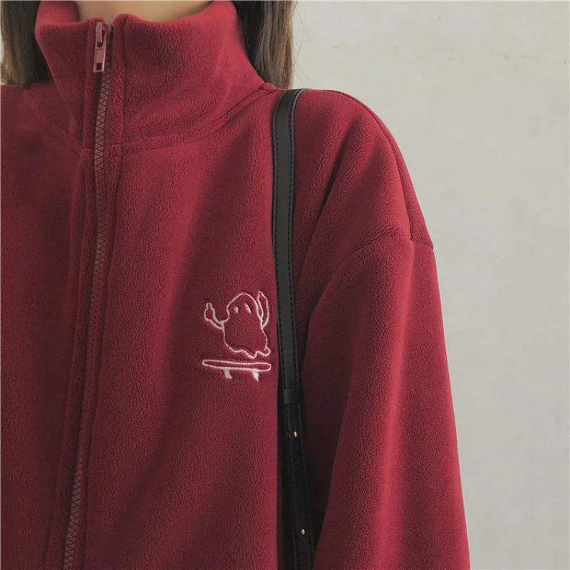 Women Embroidery Zip Up Hoodie Fleece Jacket Thick Warm Winter Plush Zipper Sweatshirt Outwear Hoodies Tops Clothes