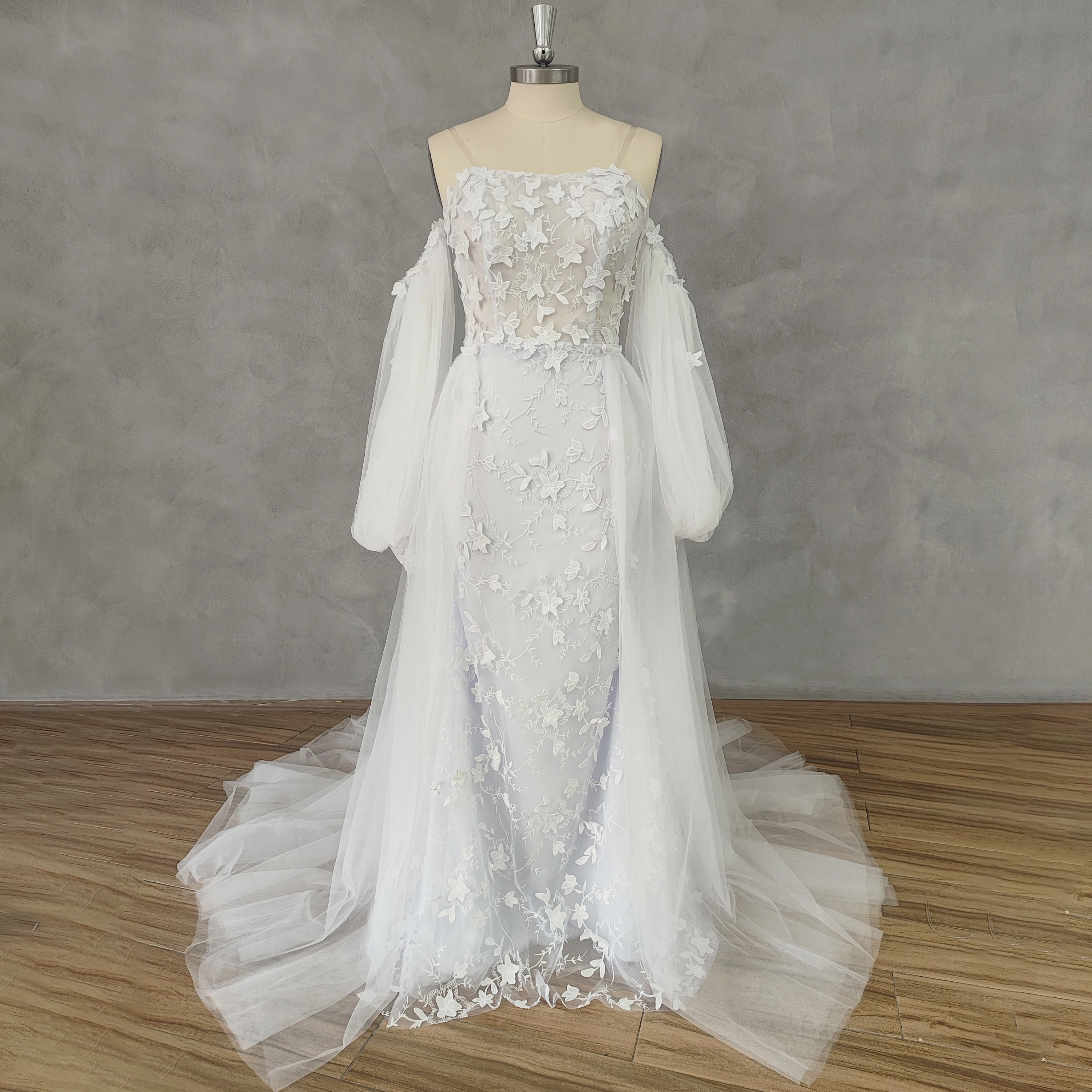 DIDEYTTAWL Real Picture Boat-Neck Off Shoulder Mermaid Wedding Dress  Appliques Lace Up Back Detachable Court Train Bridal Gown