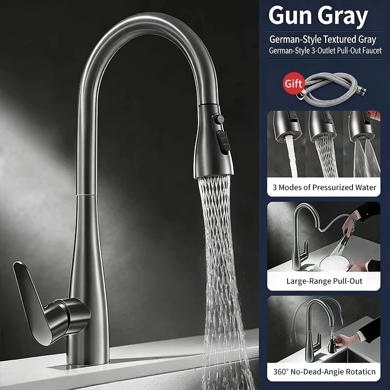 

Modern Single-Hole Single Handle Brushed Stainless Steel Deck Mounted Faucet Ceramic Waterfall Design Pull Spray Hotel Use
