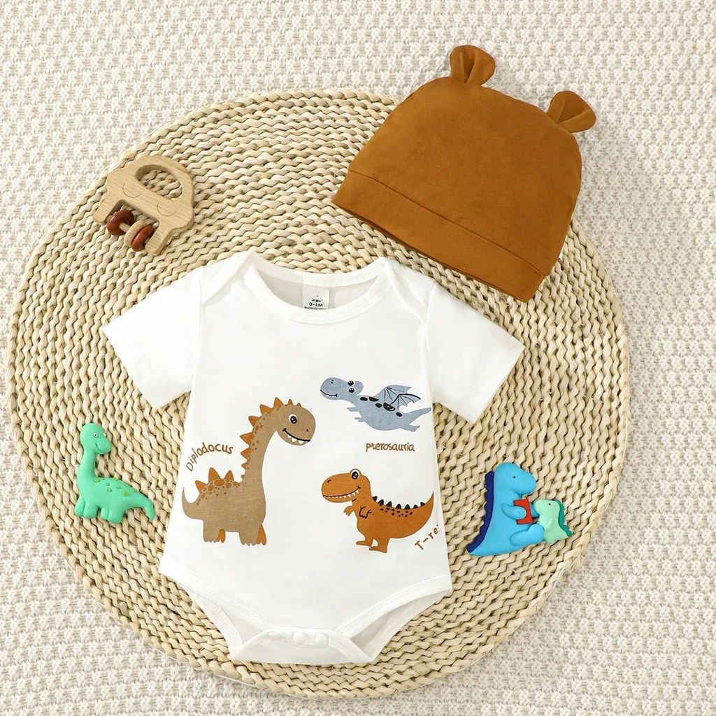 

0-6 Months Newborn Baby Boys Romper Dinosaur Print Summer Short Sleeve Bodysuit+Hat Cartoon 2PCS Cute Jumpsuit for Infant Boys