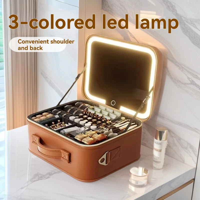 Portable LED Mirror Makeup Train Case, Large-Capacity Cosmetic Organizer Bag with Brush Holder