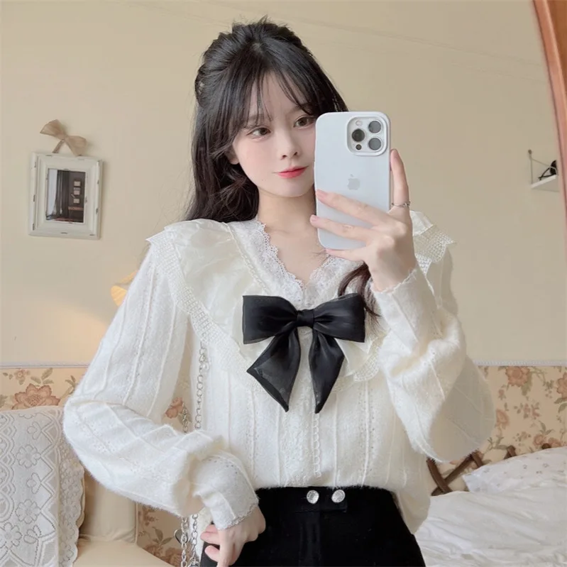 

Long Sleeve Shirts Womens Striped Button Down Tops Pleated Hem Sweet Feminine Preppy Retro French Style College Autumn Wear
