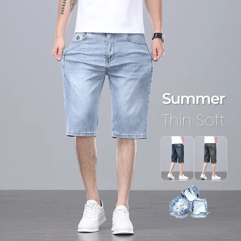 

Мужские летние шорты, дышащие тонкие модные джинсовые шорты, прямые хлопковые мягкие эластичные повседневные деловые короткие джинсы в Корейском стиле