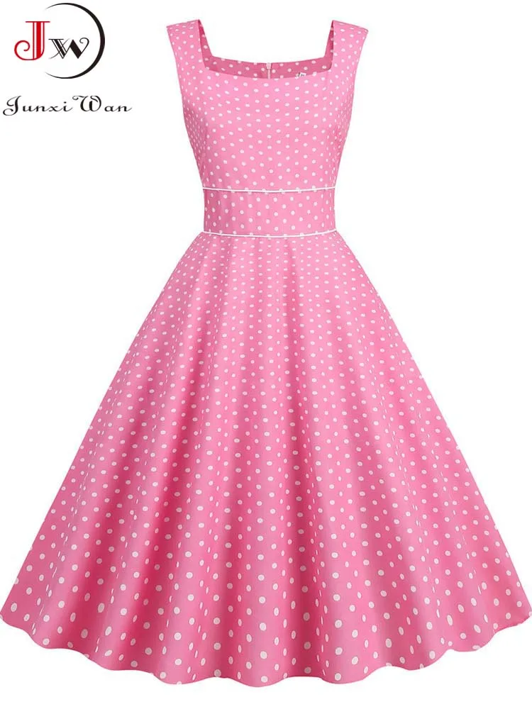 فساتين متوسطة الطول أنيقة للنساء صيفية بياقة مربعة فستان عتيق منقط بحزام سباغيتي عالي الخصر فستان صيفي للحفلات #3