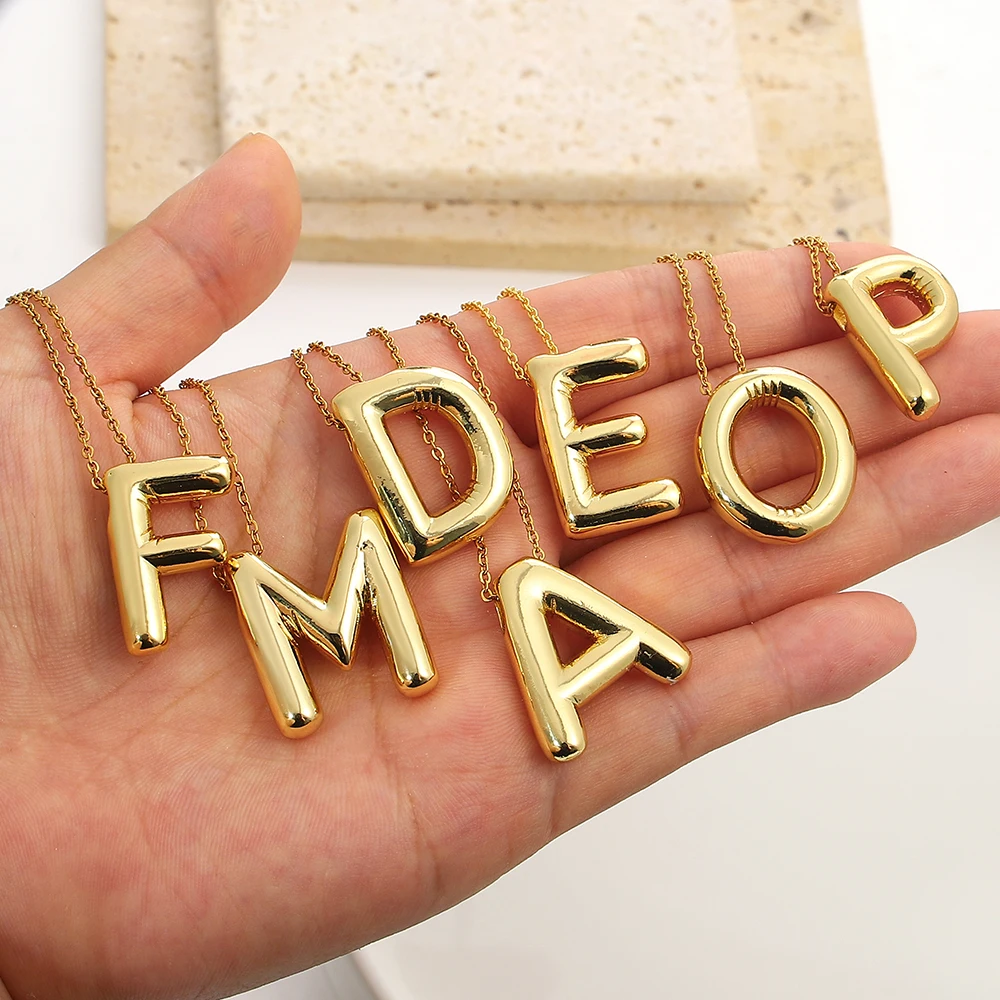 AENSOA Collares Gold Plated Copper Chunky Alphabet Balloon Bubble Initial Letter Pendant Necklace for Women Men Charm Necklaces view 2