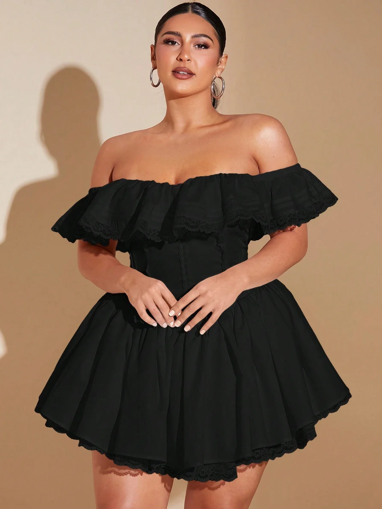 

Off Shoulder Ruffled Lace Trim Pleated A-Line Mini Dress For Women