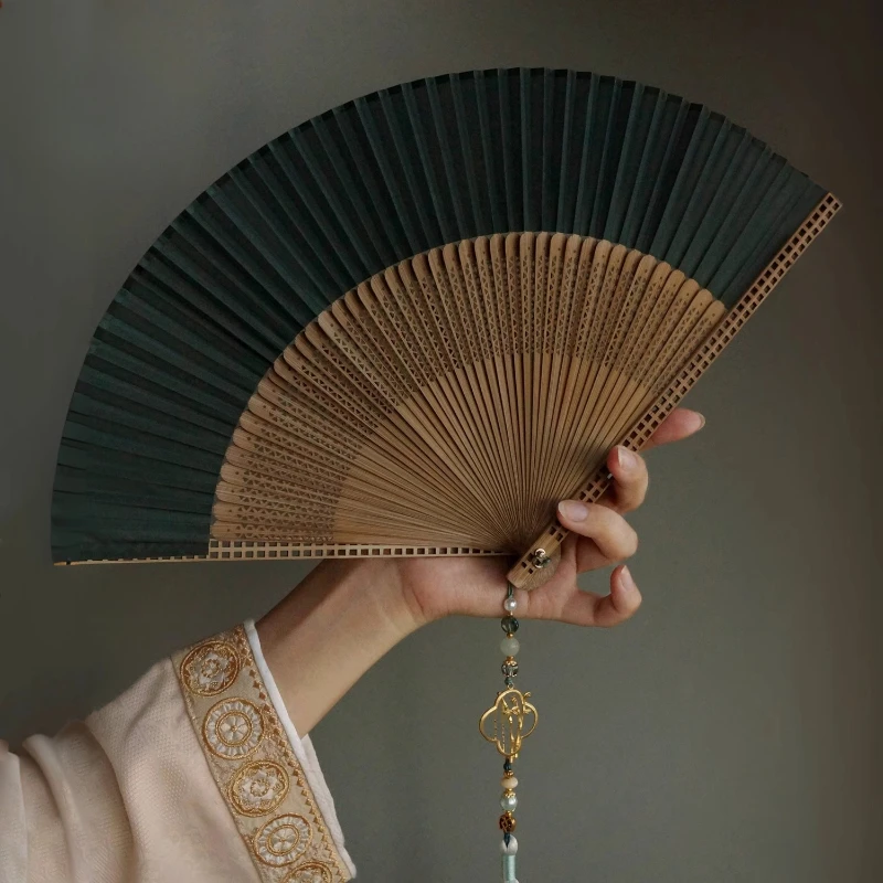 Chinese-style Bamboo Folded Fan With Tassel Pendants Ancient-style Green Bamboo Leaves Illuminating The World Again