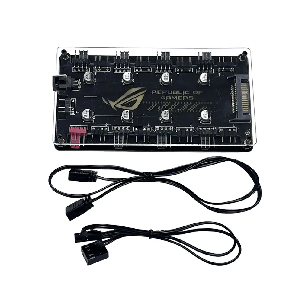 Dual 8-port ARGB+PWM Fan Hub Supporting ARGB Lighting Synchronization, SATA Power Supply, and Magnetic Back Design.