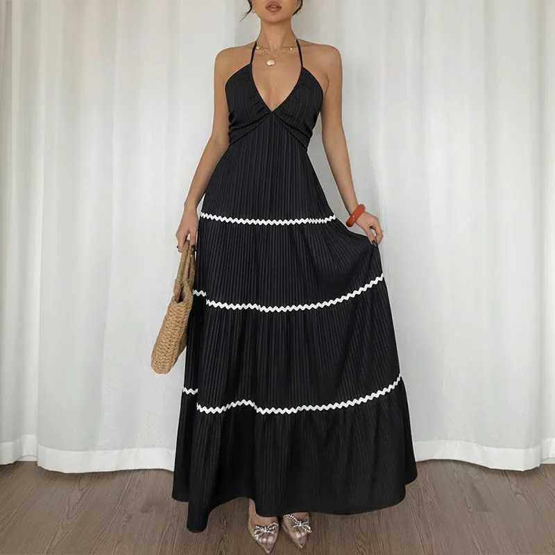 Vestido de Verano para Mujer, Cuello Halter, Vestido Largo, Vestido de Noche para Mujer, Color Sólido, Vestido Maxi, Falda Plisada, Lazo en la Espalda, Vestido Lencero, Negro Sólido