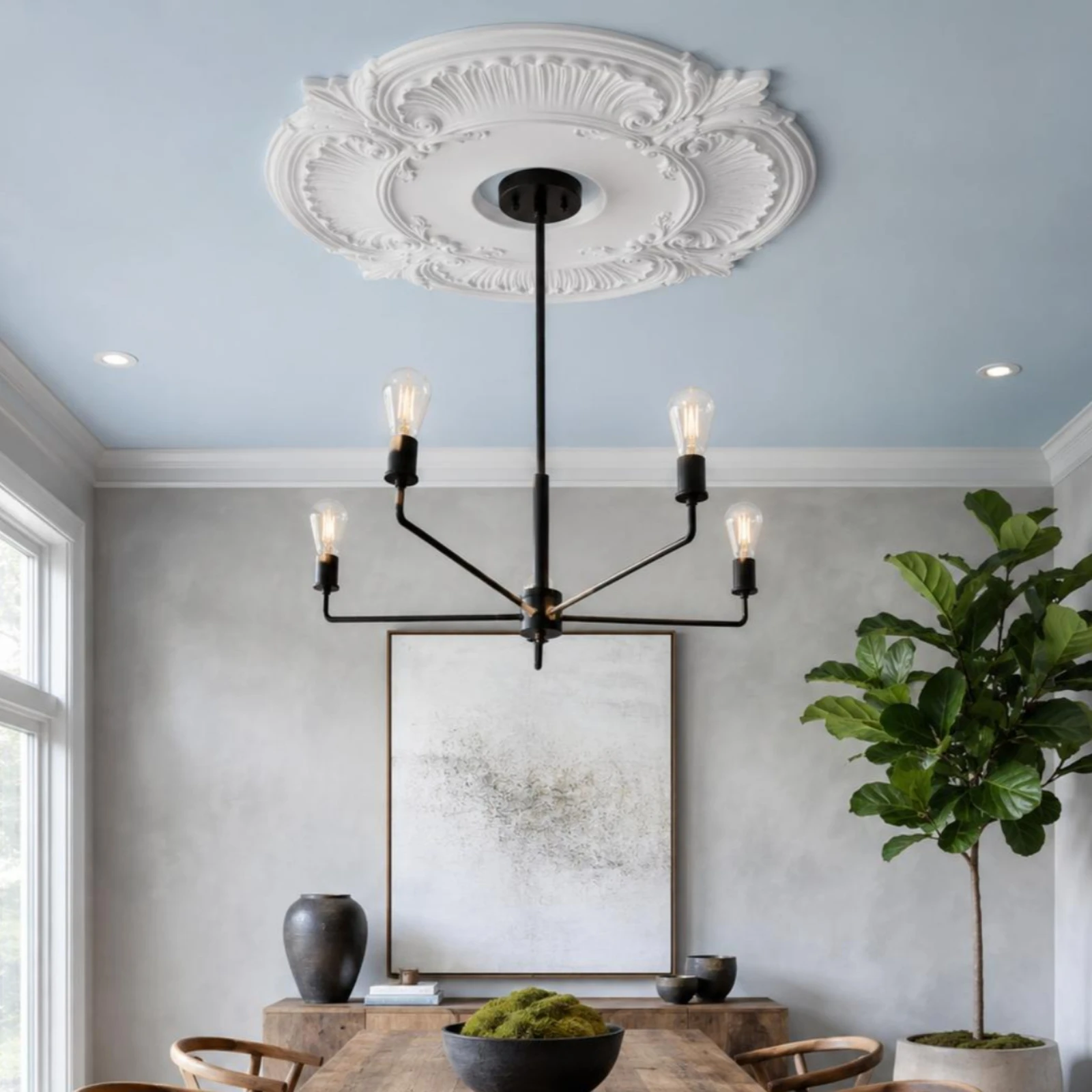 Round PU Ceiling Medallion Scroll Decorative Ceiling Medallion Light Plate Lightweight Trim Collar Easy to Install