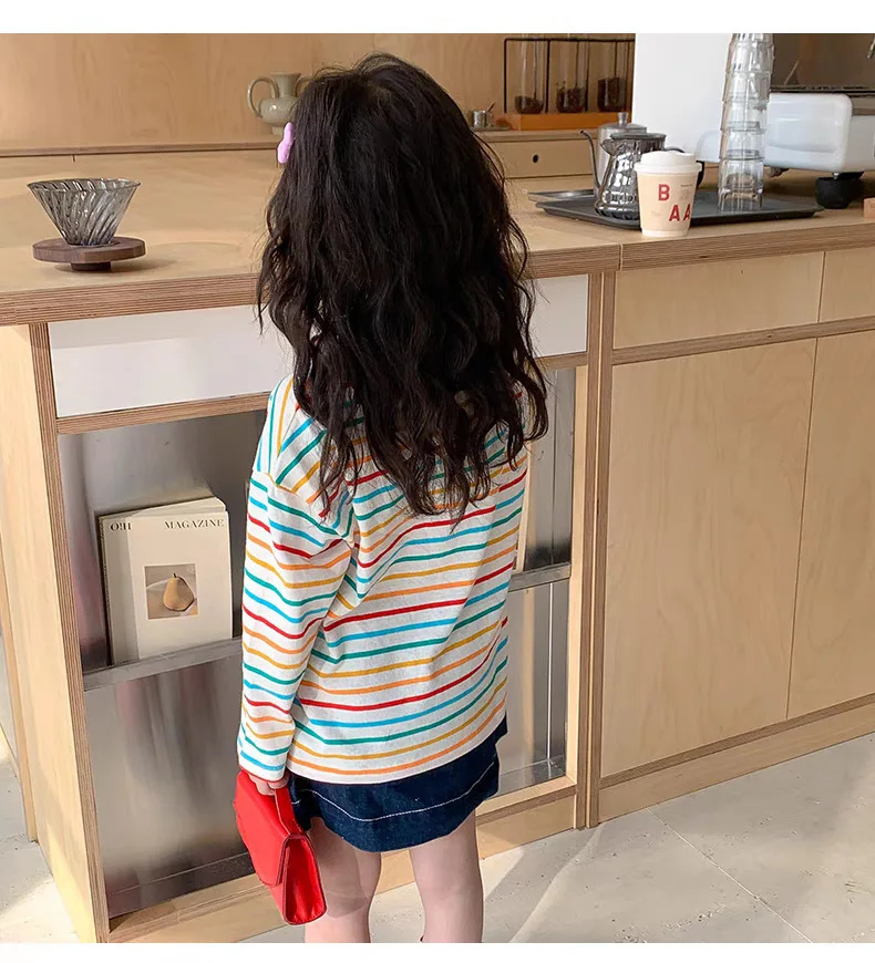 Girl Clothes Colorful Striped Long Sleeve Shirt 2-10Y Kids Loose Girl T-shirt Korean Children's Clothes 2025 Spring Autumn Top