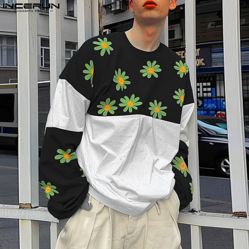 2024 INCERUN New Men's Casual Long Sleeve Tops Handsome Male Floral Printing T-shirts Colorblock Round Neck Loose Commuting Tees image 2