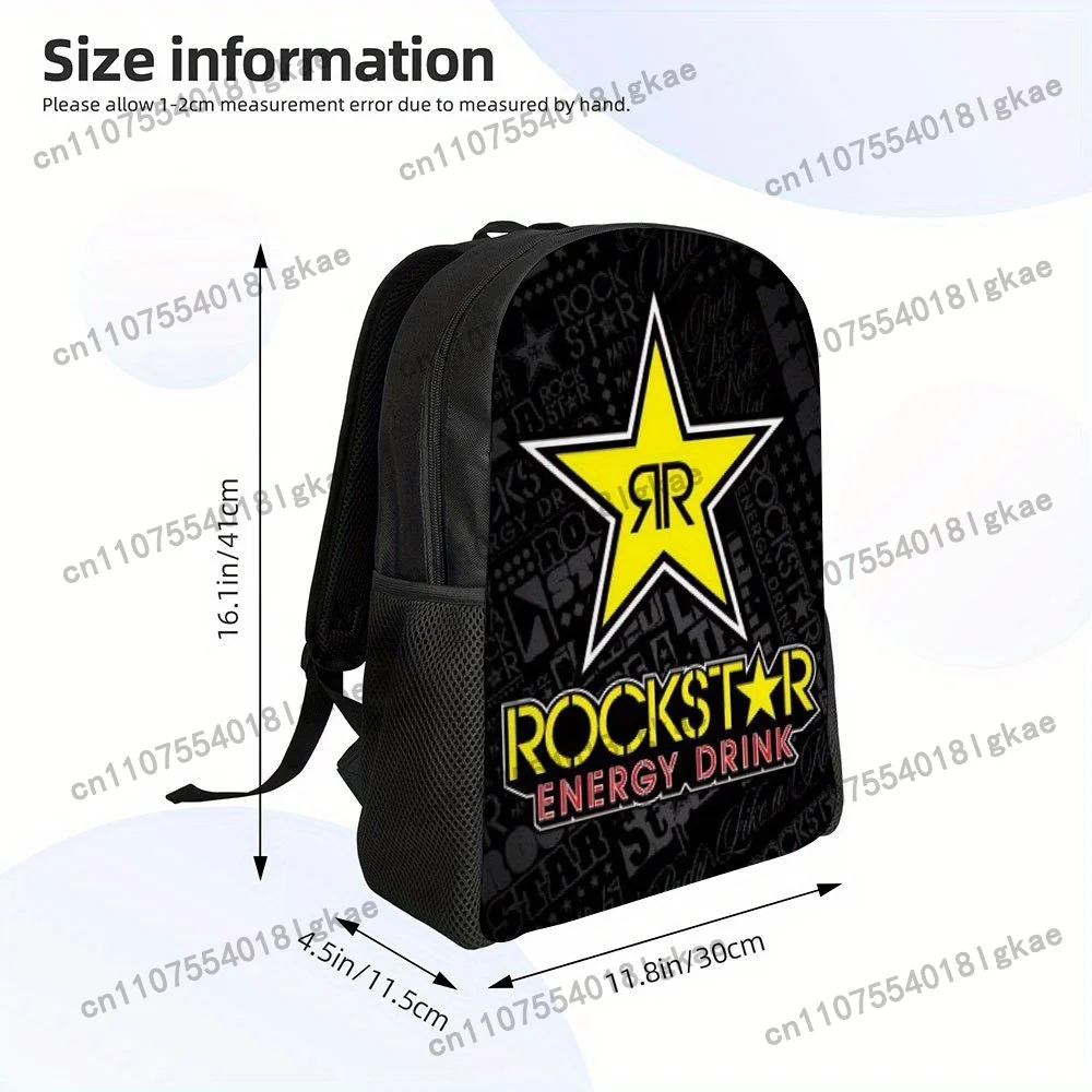 1pc Rockstar Energy Drink Backpack - Black with Yellow Star & Rock Design, Adjustable Shoulder Straps, Large Capacity Lightweigh