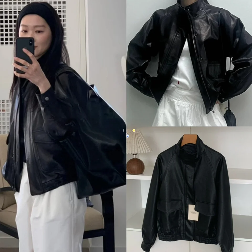 

2024 New Retro Korean Style Motorcycle Jacket Women's Stand Collar Leather Coat Long Sleeve Zipper Closure Casual Outerwear