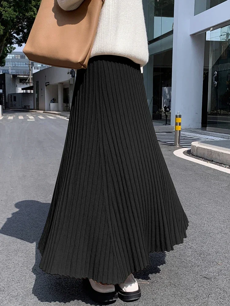 Autumn Winter Women\'s Long Skirt High Waist Knitted A-line Pleated Skirt Ladies Elegant Solid Gray Loose Casual Skirts for Women