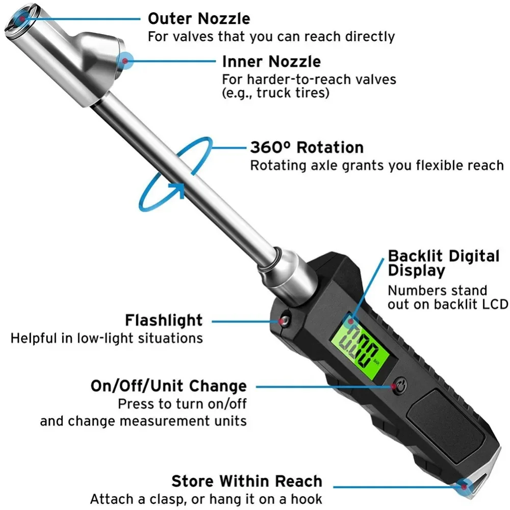 Manometro digitale per pneumatici 230 PSI a doppia testa in acciaio inossidabile per camion torcia LCD per auto NJ88 Tester per veicoli