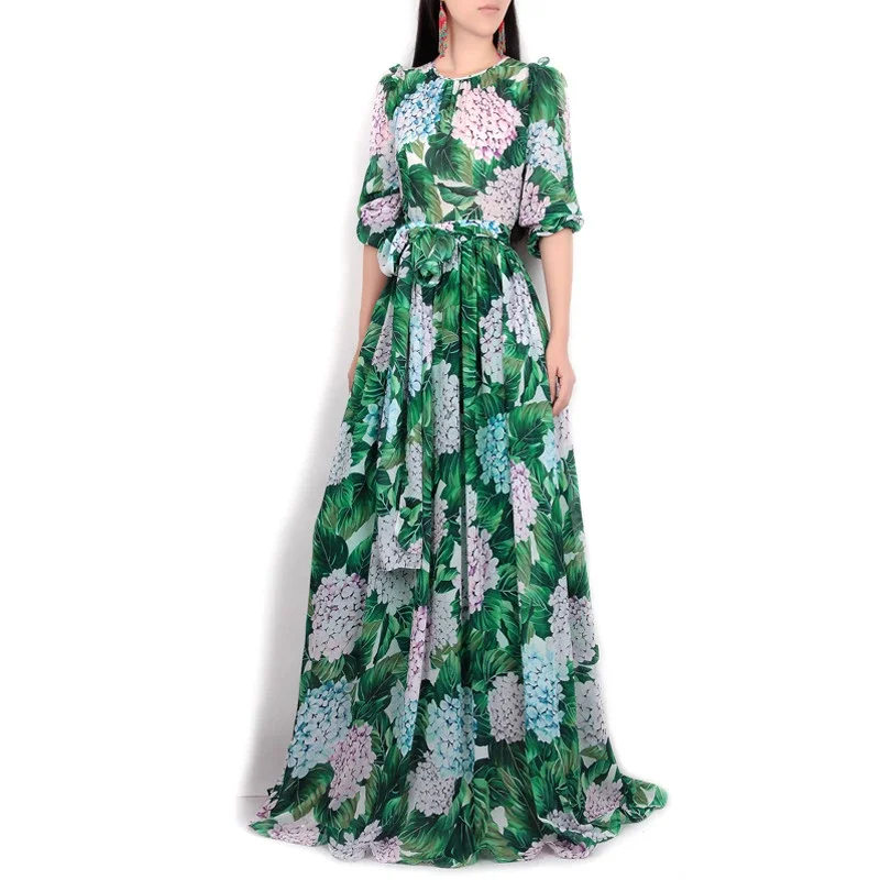 

2023 New Summer Runway Long Sleeve Casual Bohemian Party Holiday Green Leaves Floral Printed Long Maxi Dresses For Women