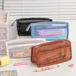 New Large Capacity Double-Layer Transparent Mesh Zipper Pencil Case Holder School Pen Box Office Supplies Stationery Storage