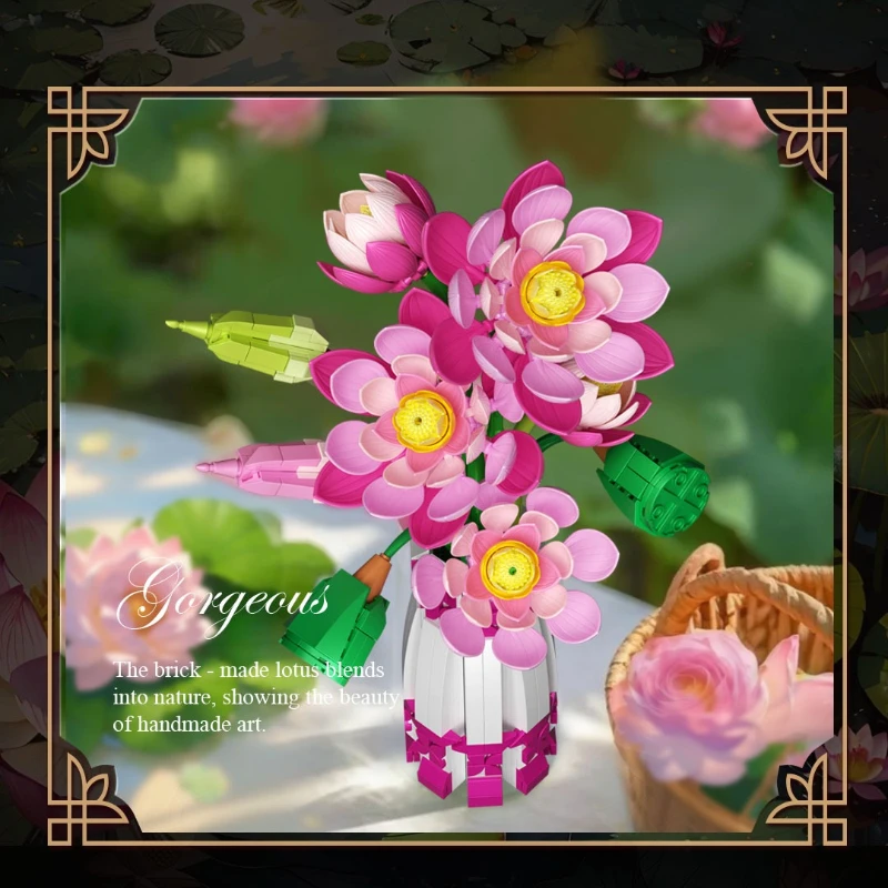 

Artificial Flower Bouquet Building Blocks Potted Pond Lotus Roots Plants Assembly Home Decoration Puzzle Toys Bricks Girls Gift