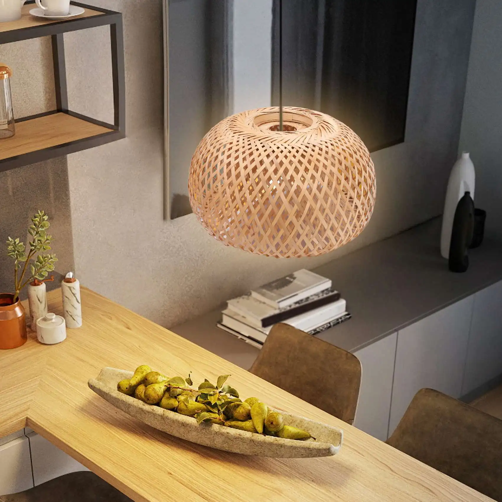 

ABMS-Bamboo Wicker Rattan Lampshade Hand-Woven Double Layer Bamboo Dome Lampshade Asian Rustic Japanese Lamp Design