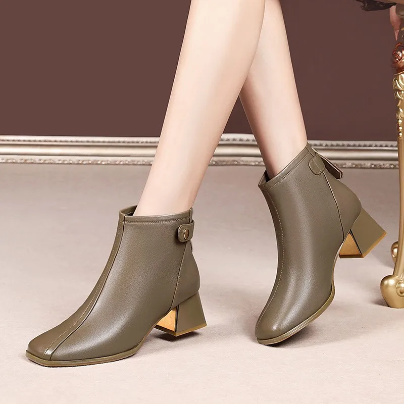 Autumn and Winter New Korean Fashion Square Head Back Zip Platform Fashion Casual plus Size Women's Leather Boots Fleece-lined F