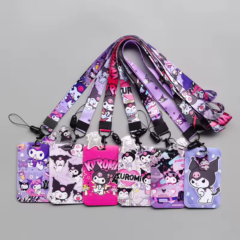 1 Juego de tarjetero Kuromi con ajuste duro, impresión por transferencia de calor, cordón para tarjeta de campus para estudiantes, tarjeta de trabajo, tarjeta de comida