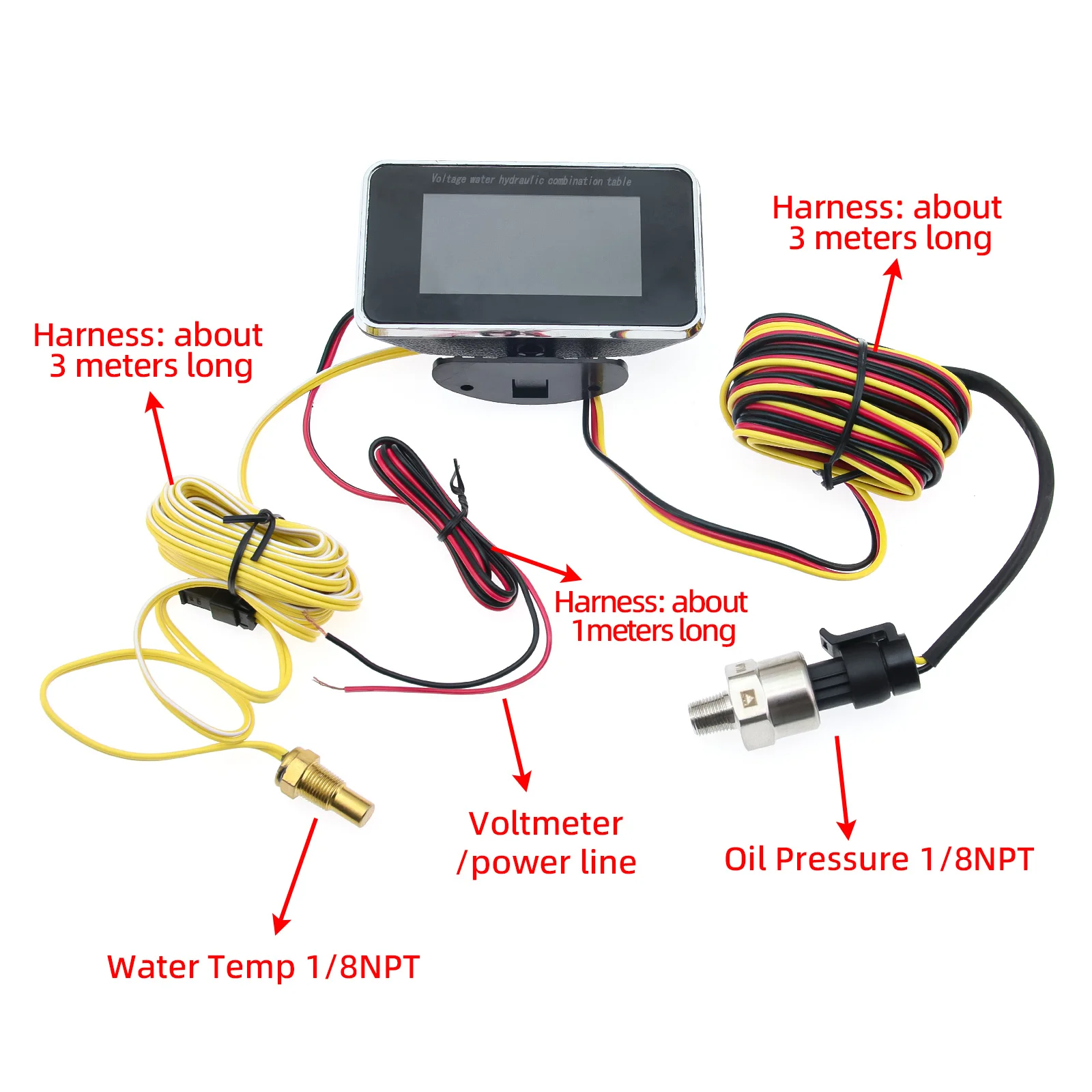 3 v 1 LCD auto digitální olej měrný tlak měrka voltmetr voda temp měřič 1/8 NPT olej měrný tlak senzor + voda teplota senzor 10mm