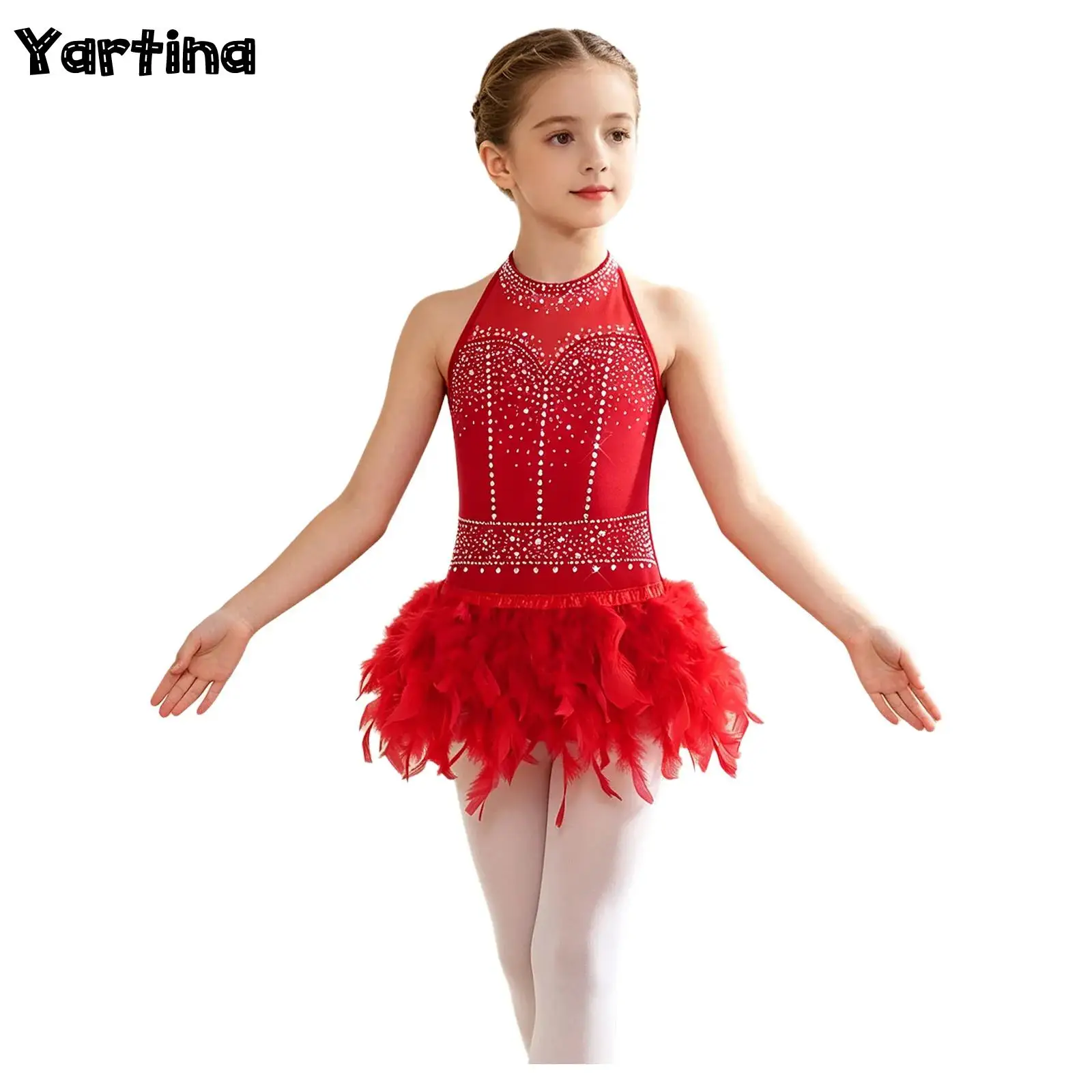 Kids Girls Halter Rhinestone Feather Leotard Bodysuit Dress Kids Latin Jazz Dance Costume Stage Competition Performance Outfit