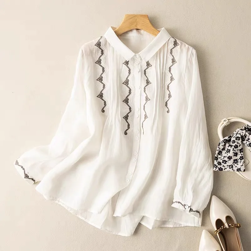 Cotton Linen Shirt for Women Summer 2023 New In Embroidery Vintage Blouses Loose Long Sleeve Top Turn-down Collar