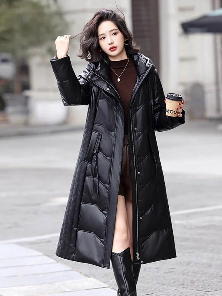 جديد إمرأة شتاء انقسام الجلود أسفل معطف موضة مقنعين كم طويل فضفاض معطف دافئ عادية البساطة معطف طويل من الجلد أسفل #5