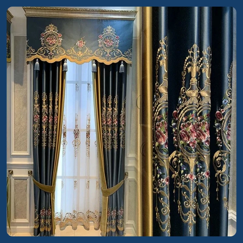 

Customi Size Silk European Luxury Curtains for Living Room Blackout Bedroom Tulle Embroidery Palace Valance Elegant Hall Wedding