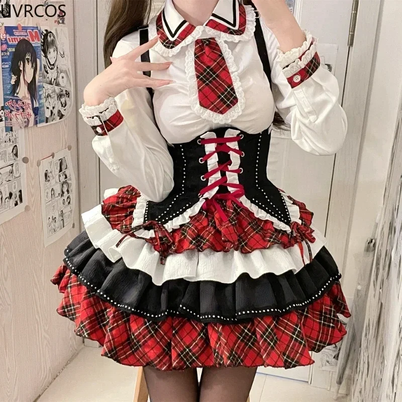 Conjunto de vestido de Lolita gótico victoriano para mujer, estilo Punk, vestido de princesa de vendaje de corbata a cuadros Y2k, vestido de fiesta de noche de moda Harajuku