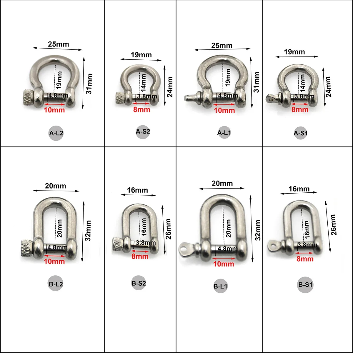 1piece Stainless Steel Shackle Carabiner D Ring Fob Key Ring Keychain Hook Screw Joint Connector Buckle Solid Metal 2 Size