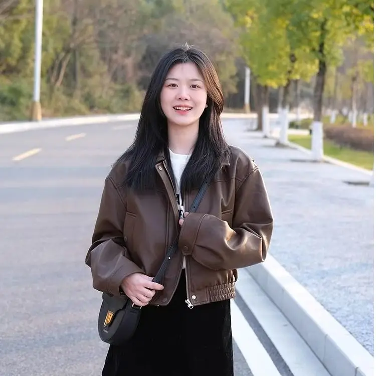 Brown Leather Jacket Women's Short Style 2026 New Fashion High-End Small Size PU Leather Coat Commute Wind Loose Fit Polyeste...