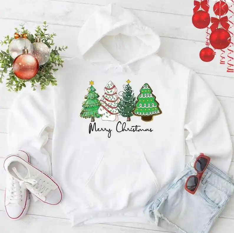 Merry Christmas Fleece Hoodie Women's Winter Xmas Tree Printed Hooded Sweatshirt Festive Santa Snowman Casual  Holiday Pullover
