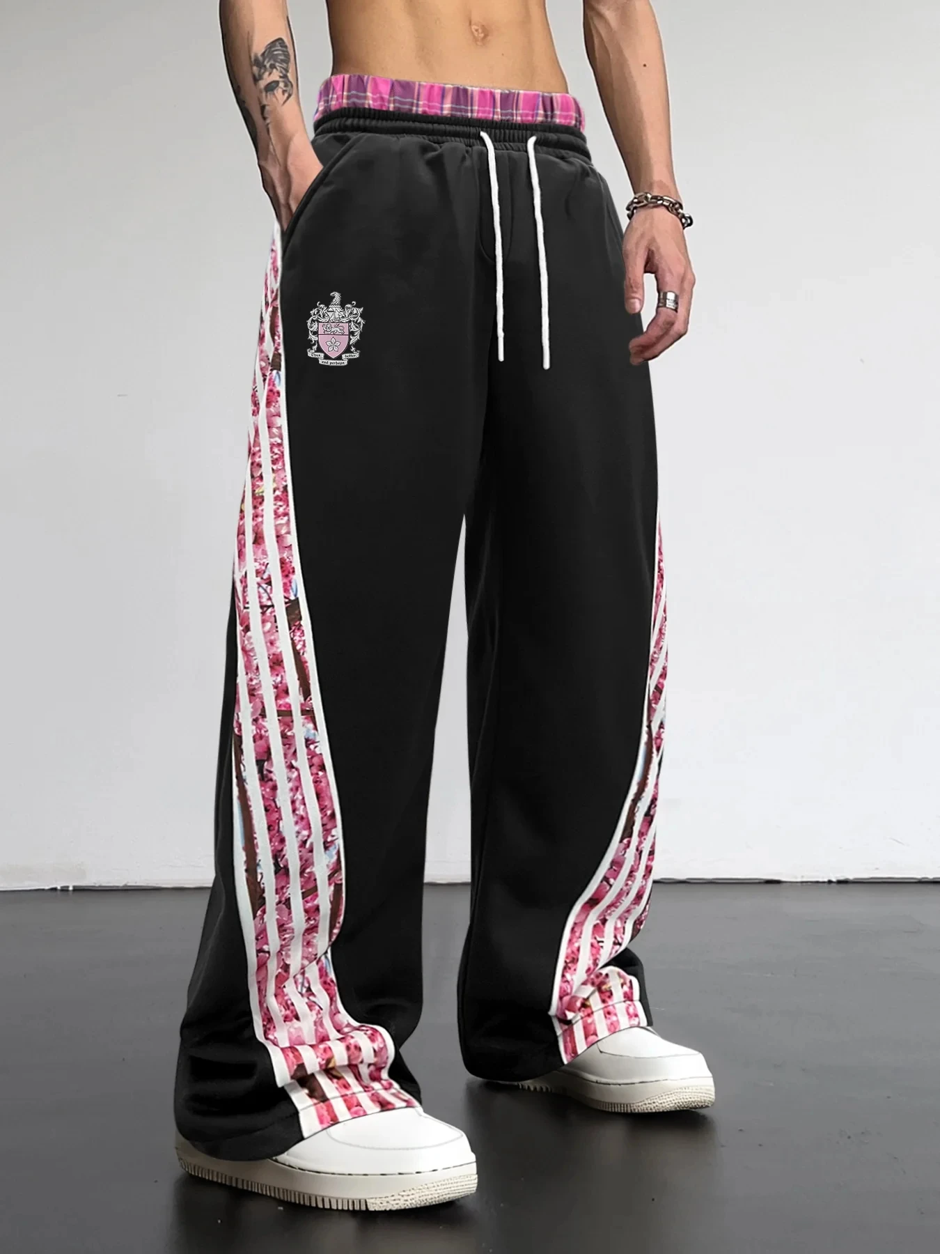 Men Plaid Splicing Stripe 3D Print Quick Dry Long Pants Elastic Drawstring Wide Leg Trousers Hip Hop Streetwear Casual Bottoms