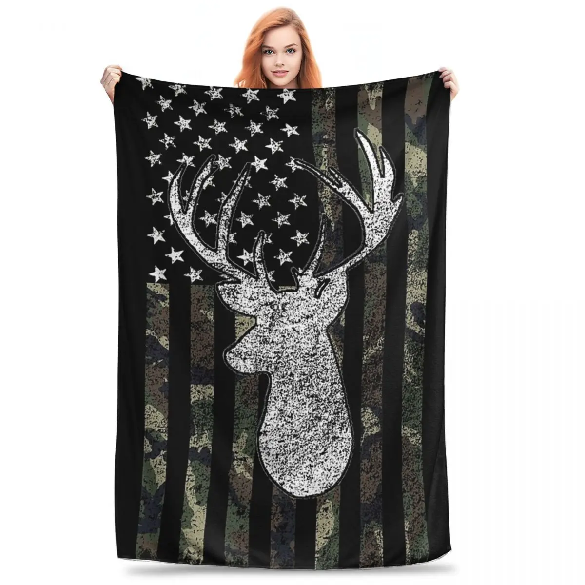 Deer Hunting Buck Camouflage Flag Blankets Flannel Breathable Throw Blankets Sofa Throw Blanket For Home Office Throws Bedspread