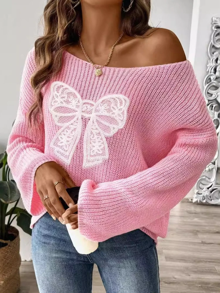 Women's Pullover Sweater with Bow Embroidery Knitted Sweater One Collar Off Shoulder Flared Sleeve Top