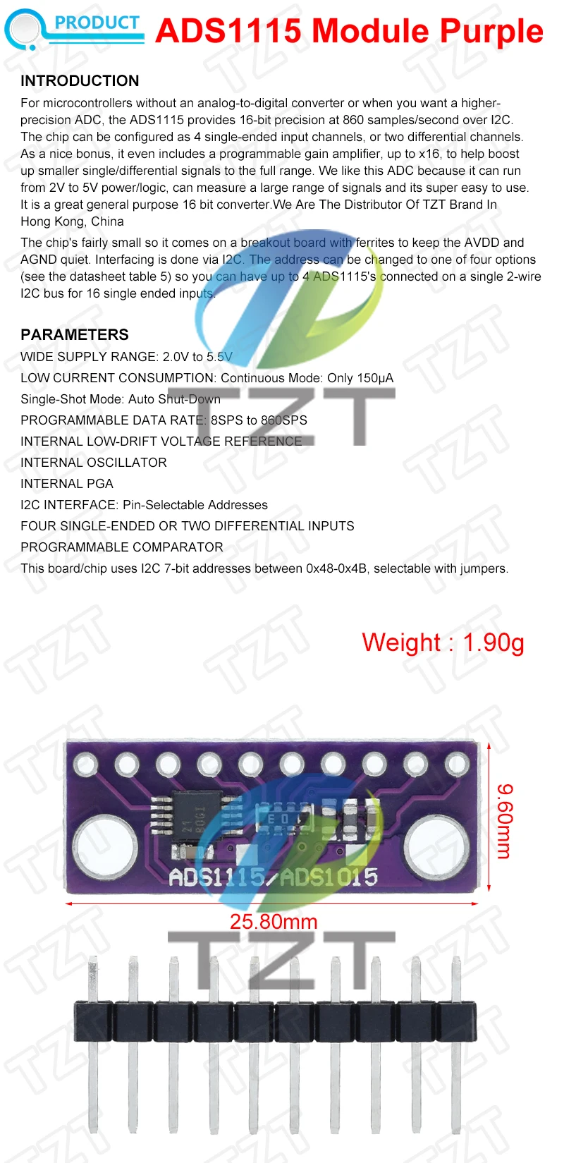 1/5PCS ADS1115 TZT 16 Bit I2C Modul Präzision ADC 4 Kanal Entwicklung Board Pro Gain Verstärker 2,0 V bis 5,5 V für Arduino – Detail 3
