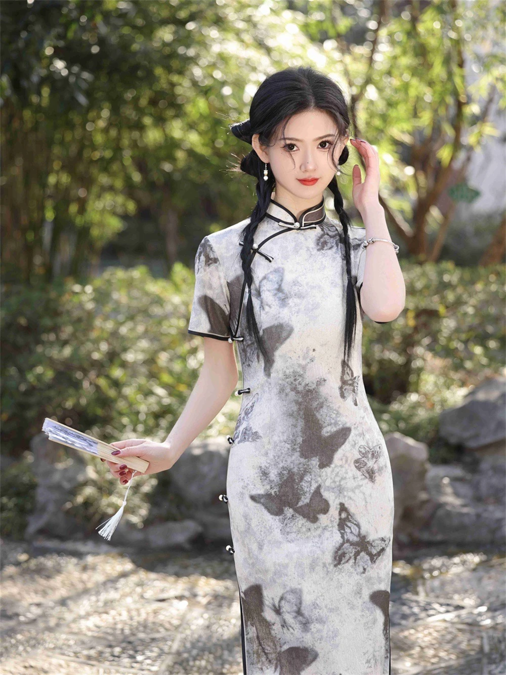 New Chinese Style Improved Cheongsam 2024 Spring Summer Retro Elegant Young Girl Printed Qipao Dress Short Sleeve Split Vestidos