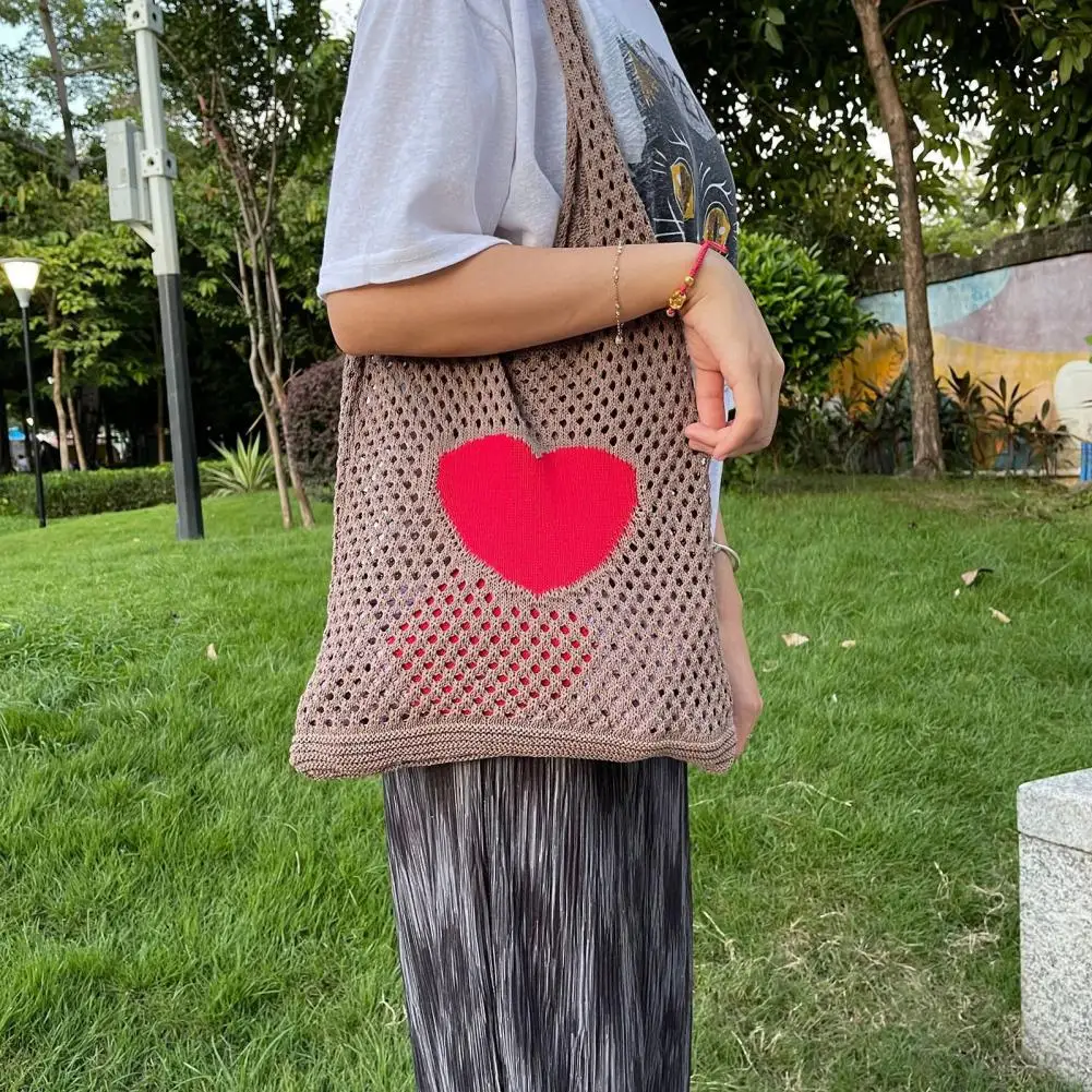 Women Knitted Shoulder Bag Crochet Heart Pattern Large Capacity Vintage Hollow Out Handbag Tote Bag bolso mujer сумка женская