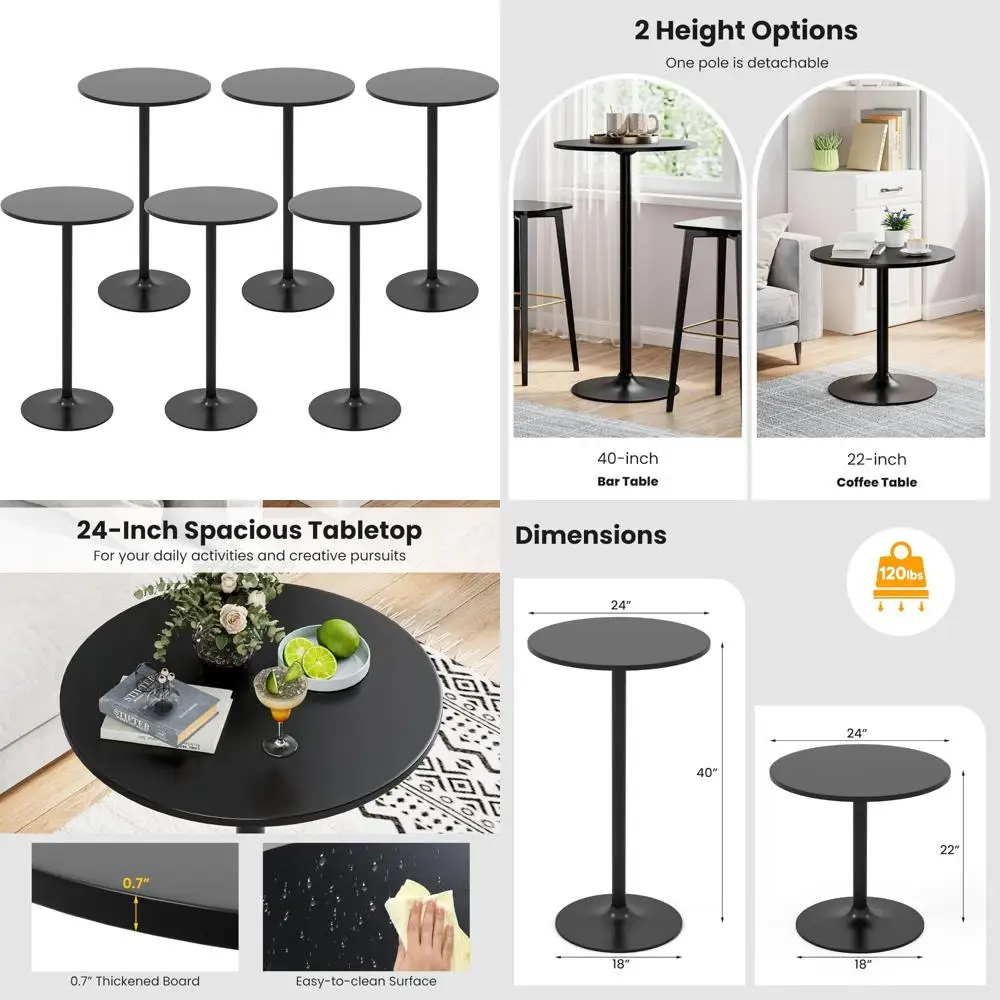 Conjunto de mesa de bar 2 em 1 de altura ajustável com base de metal, tampo redondo 24, altura conversível 40/22, mesa de coquetel
