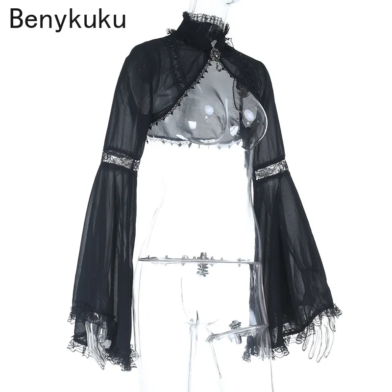 Gotycki Vintage Smock Shrug Damski Dark Grunge Emo Ace Patchwork Bolero z Rozszerzanymi Rękawami Szal Gotyckie Ubrania Y2k Crop Top Damski Płaszcz